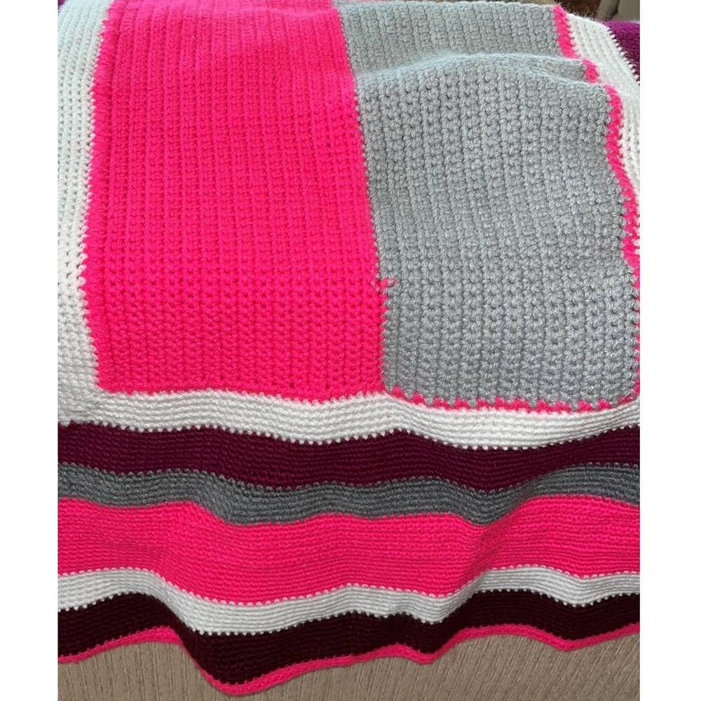 Crochet Hot Pink Gray Squared Baby Afghan Blanket - Picture 4 of 4